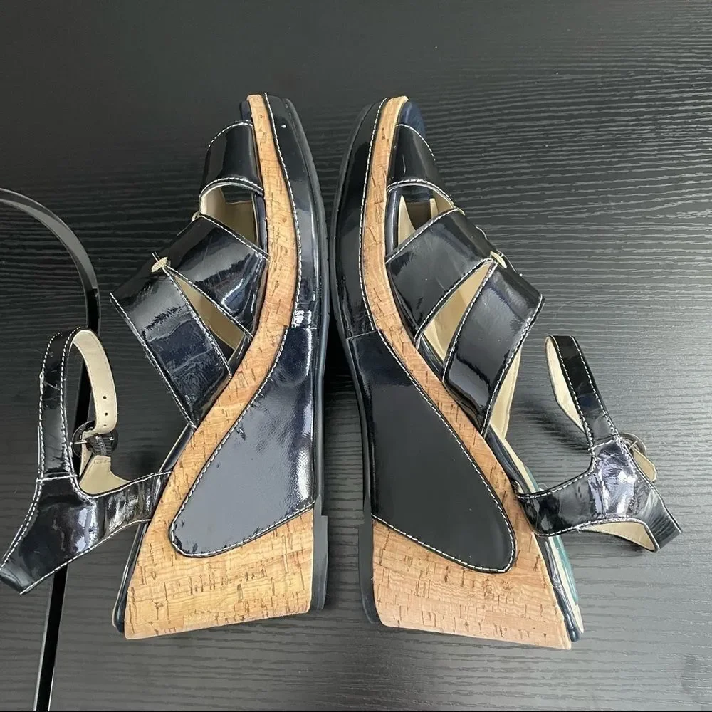 Fitzwell Navy Patent Leather and Cork Platform Wedge Strap Sandals, 9 1/2